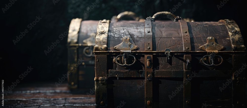 Poster old iron chests used to hold the treasure. with copy space image. place for adding text or design