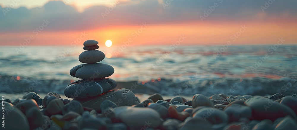 Poster the object of the stones on the beach at sunset. zen concept. sunset. silhouette of stones against t