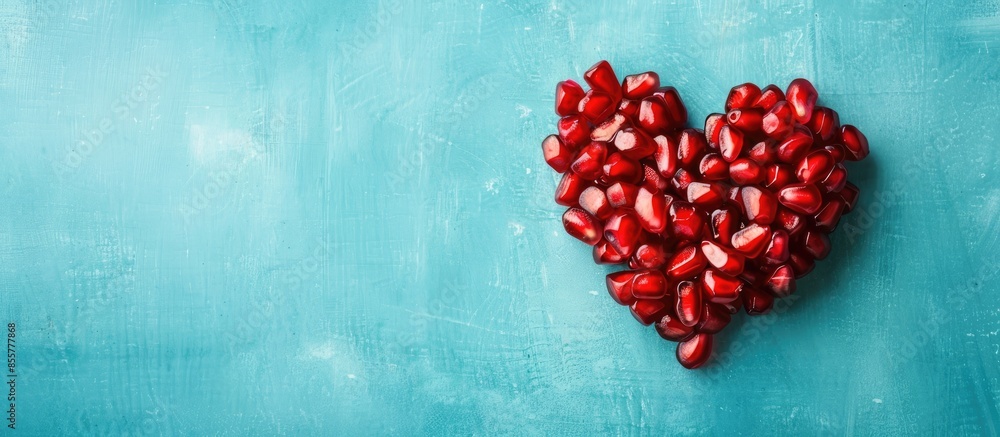 Poster Heart shaped pomegranate seeds on facture background pastel background. with copy space image. Place for adding text or design