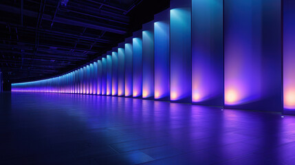 A long hallway with blue lights on the walls