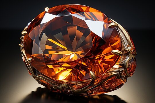Large orange topaz gemstone in copper frame on black background