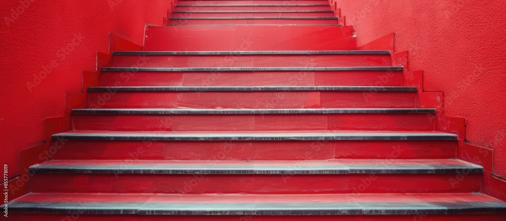 Poster Mechanic glued the rubber to install the red floor prom at the stairs. with copy space image. Place for adding text or design