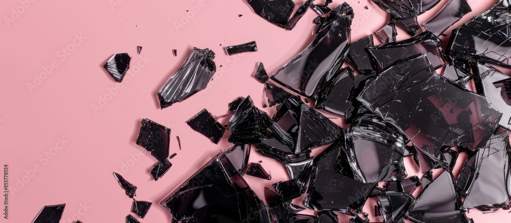 Poster Shattered or smashed pieces of black glass isolated on pastel background. with copy space image. Place for adding text or design