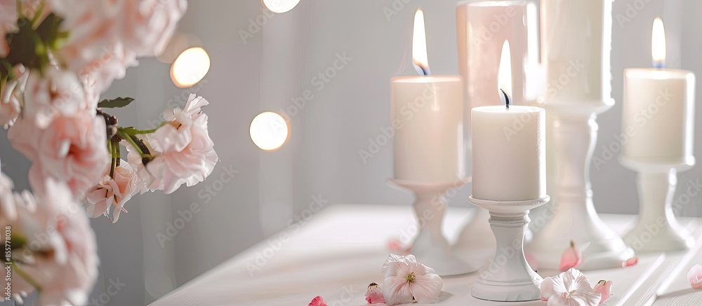 Poster Elegant candlesticks with burning candles and flower on white table. with copy space image. Place for adding text or design