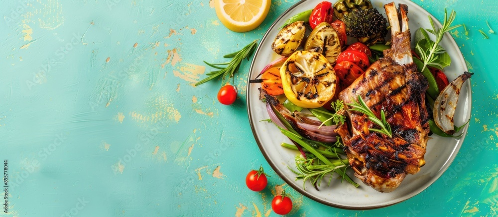 Aufkleber rabbit leg with grilled vegetables isolated on pastel background. with copy space image. place for a