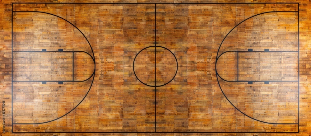 Aufkleber Hardwood maple basketball court floor viewed from above. with copy space image. Place for adding text or design
