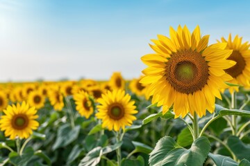 Fototapeta premium Beautiful sunflower field under a clear blue sky, showcasing vibrant yellow petals and green leaves bathed in sunlight.