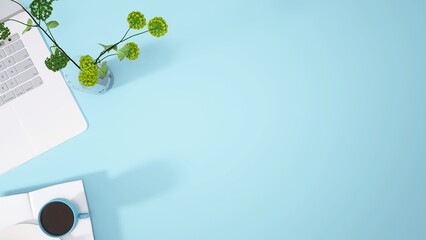keyboard laptop on an empy blue desk with a green plant or flower, hot drink; three-dimensional rendering with copy space to display product, lettering