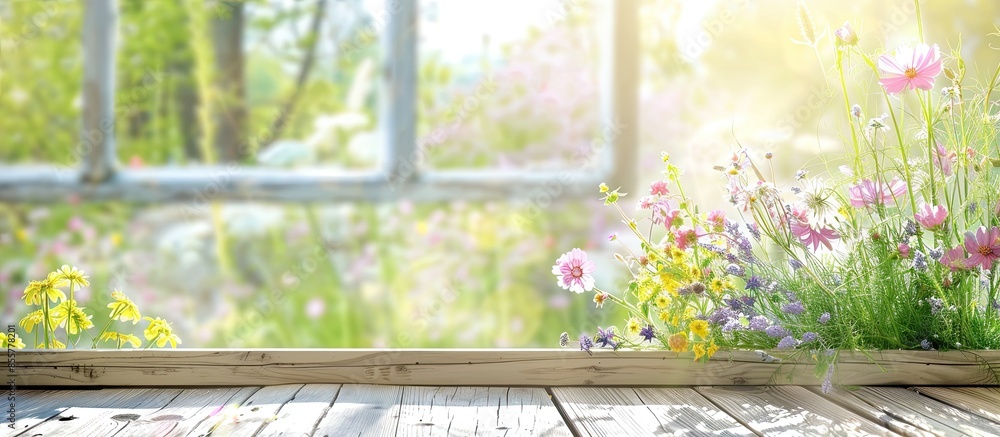 Poster Window background with empty table and free space for your decoration.Clothes on top and spring time. . with copy space image. Place for adding text or design