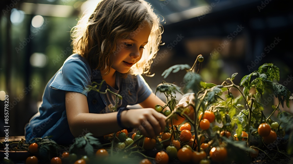 Wall mural child picking tomatoes 