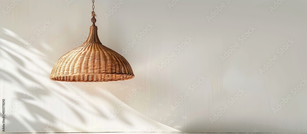 Poster Wicker lamp hanging on white background. with copy space image. Place for adding text or design