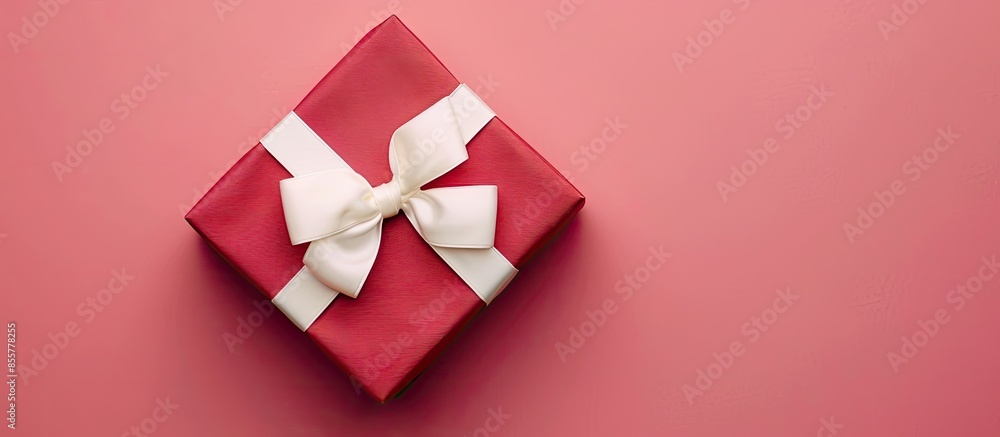 Aufkleber red gift box decorated with satin white bow isolated on pastel background. with copy space image. pl