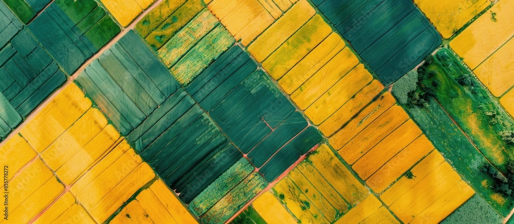 Fototapete abstract geometric shapes of agricultural parcels of different crops in yellow and green colors. aer