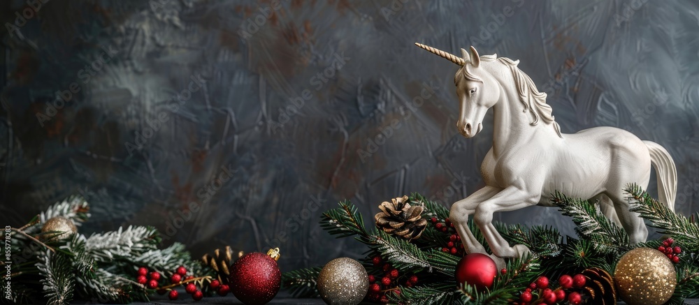 Poster white horse figurine and new year decorations. with copy space image. place for adding text or desig