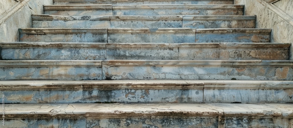 Poster An old stone staircase. Marble steps of the staircase with traces of destruction from time. . with copy space image. Place for adding text or design
