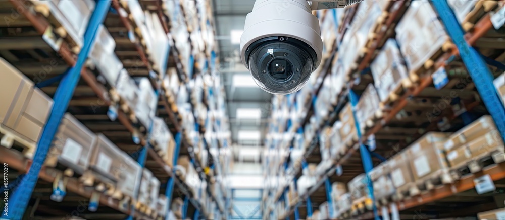 Poster Indoor CCTV monitoring, security cameras inside a warehouse store room. with copy space image. Place for adding text or design