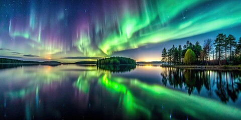 Northern lights dancing over calm lake in north of Sweden, Northern lights, aurora borealis, sky, nature, Scandinavia