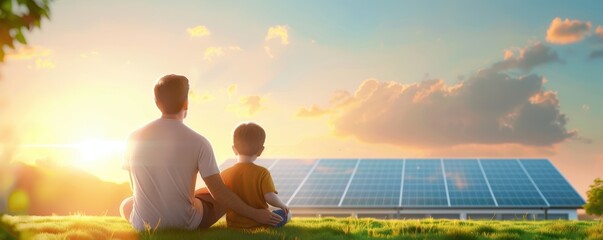 Father and son sitting on grass, looking at solar panels at sunrise, promoting renewable energy and family bonding.