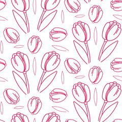 A doodle illustration pattern in the form of a pink tulip with leaves. Seamless freehand drawing with a wide line. shades of pink on white. Romantic silhouette for a holiday on wedding cards