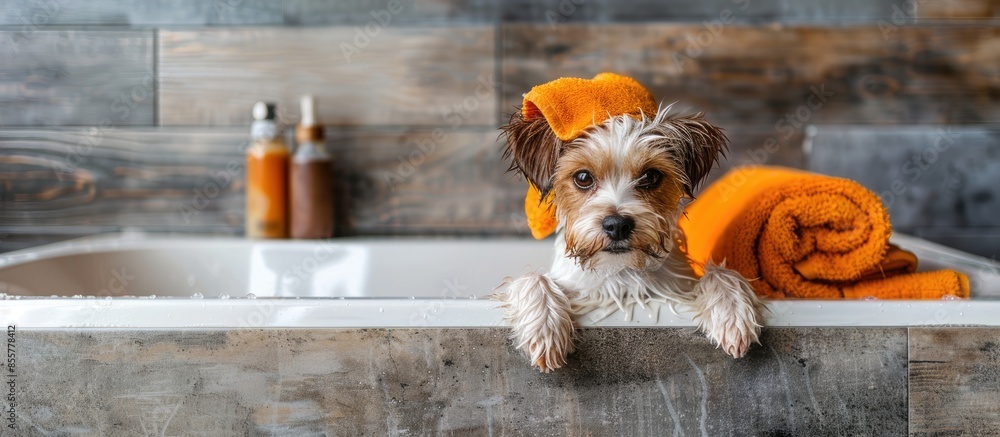 Poster puppy dog is groomed in the tub. pet grooming concept. copy space image. place for adding text or de