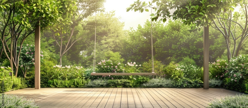 Fototapete garden with terrace and swing. copy space image. place for adding text or design