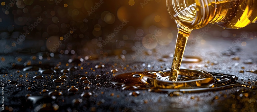 Poster cooking oil pouring from bottle to oil surface background. with copy space image. place for adding t