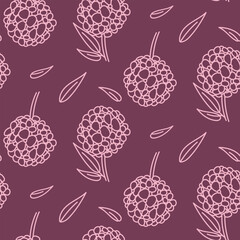 A doodle illustration pattern in the form of a pink hydrangea with leaves. Seamless freehand drawing with a wide line. shades of pink on purple. Romantic silhouette for a holiday on wedding cards