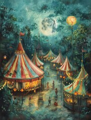 Obraz premium 21 Magical circus with whimsical performers and vibrant tents bird's-eye view twilight