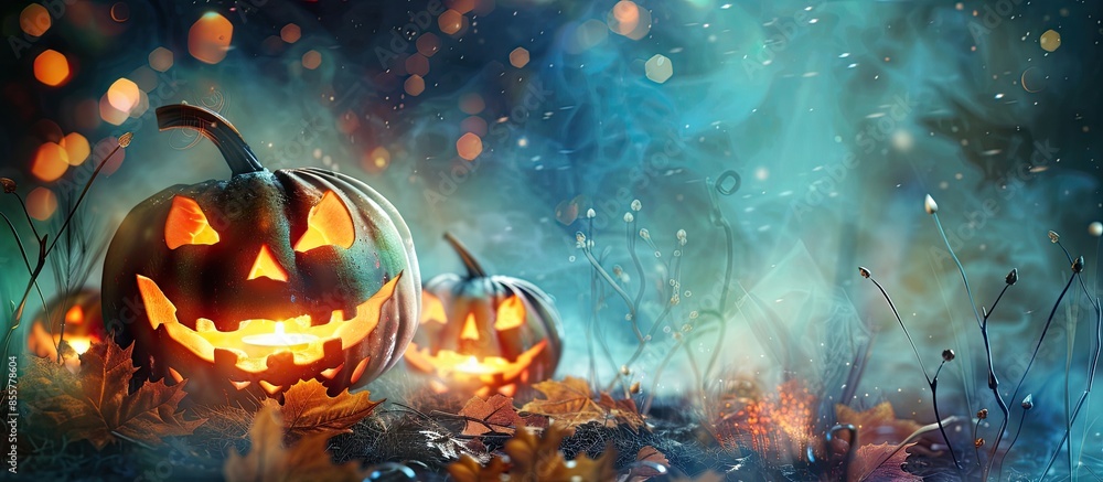 Poster Jack O' Lanterns Glowing In Fantasy Night. Halloween Background. with copy space image. Place for adding text or design