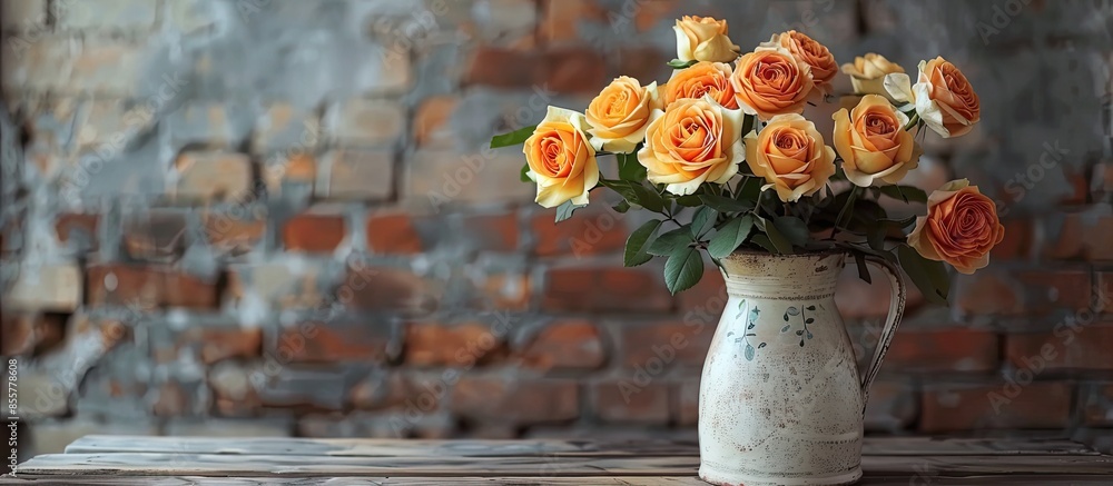 Poster jug with beautiful orange roses on table against brick wall. with copy space image. place for adding