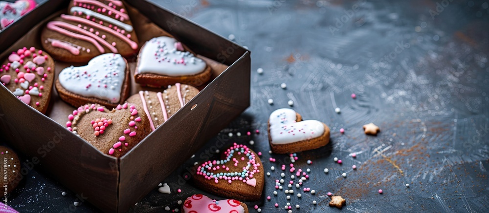 Poster Step by step recipe of making cookies for valentine's day. Biscuits with icing and sweet sprinkles in box. Copy space image. Place for adding text or design