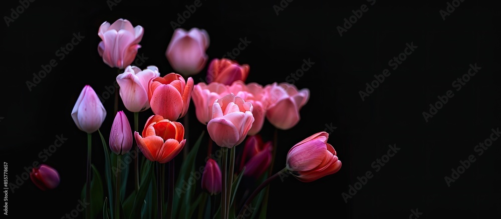 Aufkleber flowers Isolated on black. group of tulips on a pastel background. with copy space image. Place for adding text or design