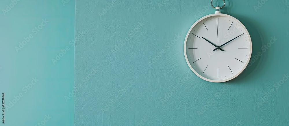 Poster stylish analog clock hanging on light blue wall. with copy space image. place for adding text or des