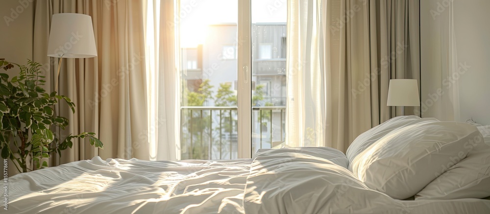 Aufkleber comfortable bed with white bedclothes and bedside table with lamp placed near window and balcony doo