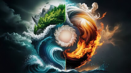 The four natural components combined in an amazing, imaginative design. Creating a circle with all four components. Earth, air, water, fire, and wind.