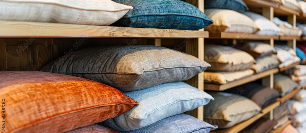 Poster Pillows on the shelves in the store. Comfortable sleep and cozy home. Close-up. Vertical. with copy space image. Place for adding text or design