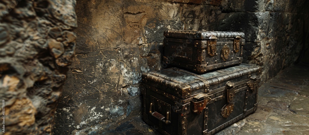 Poster Old iron chests used to hold the treasure. with copy space image. Place for adding text or design