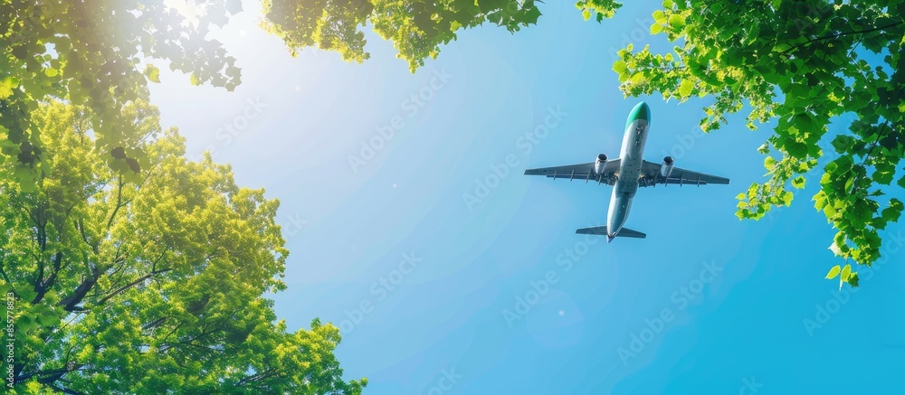 Poster eco-friendly air transport concept. the plane flies in the sky against the background of green trees