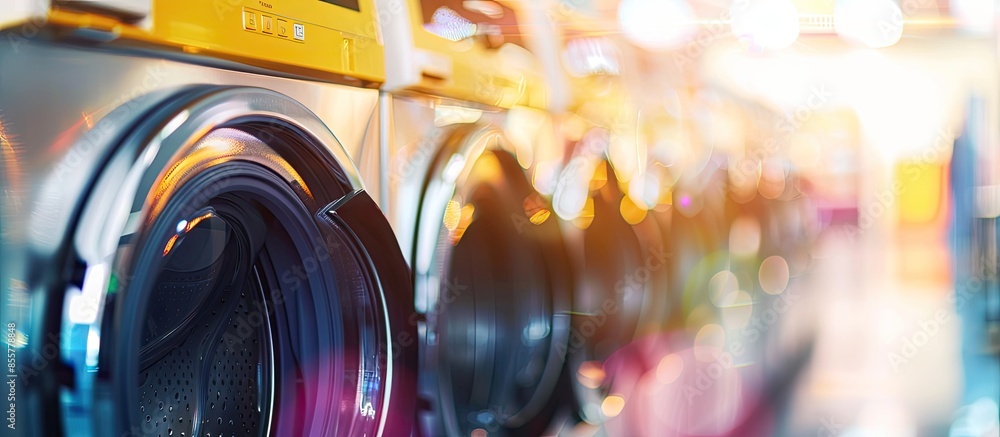 Poster Row of modern washing machines in dry-cleaning, closeup. Copy space image. Place for adding text or design