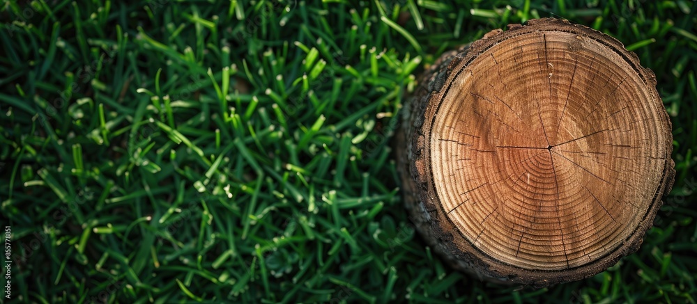 Poster wooden texture, piece of cut wood on grass. with copy space image. place for adding text or design