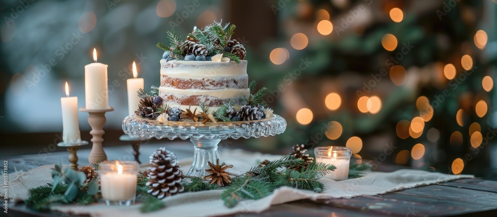 Poster Cake on a glass stand on a wedding table decorated with pine branches, candles and burlap. Copy space image. Place for adding text or design