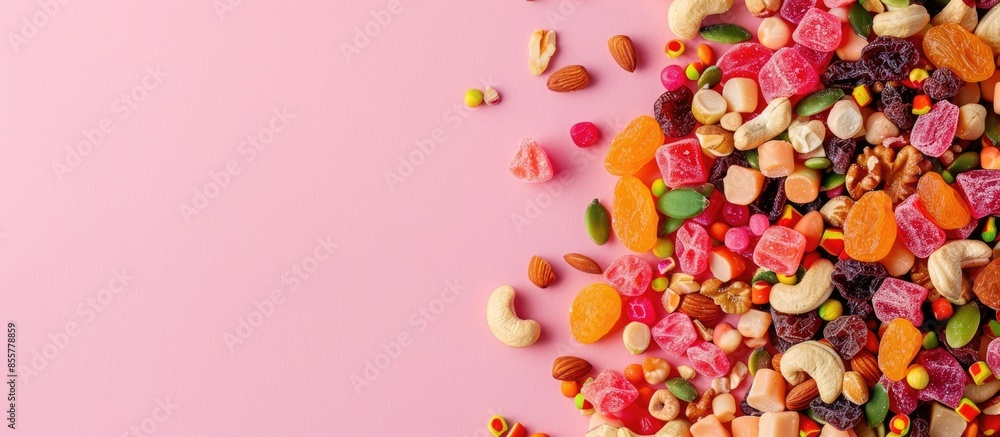 Aufkleber high angle view of candied nuts and dried fruits on a pastel background. with copy space image. plac