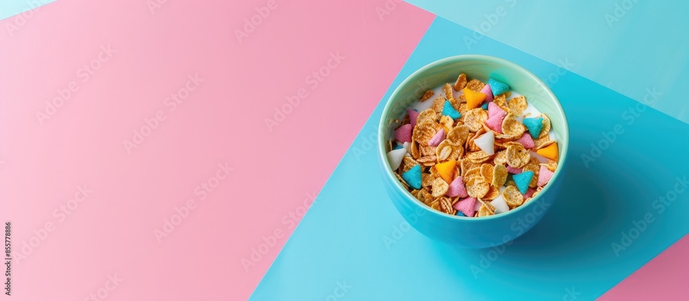 Fototapete cereal flake with milk in the blue bowl isolated on pastel background. with copy space image. place 