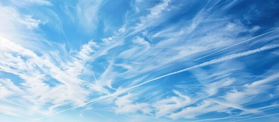 Clear blue sky with cirrus clouds and plane tracks. Abstract natural pattern, texture, close-up. Concept art, meteorology, ecology, climate change, religion, heaven, graphic resources