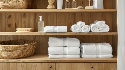 a pristine wooden bathroom cabinet adorned with neatly folded white towels, a basket, and assorted bottles on the shelf.
