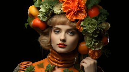 portrait of a woman with vegetable on hair