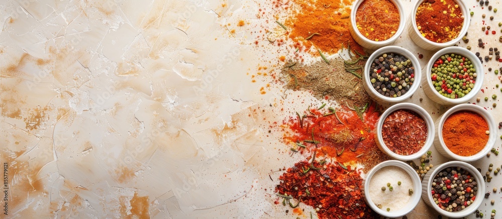 Aufkleber spice background, top view. seasoning in cups. Copy space image. Place for adding text or design