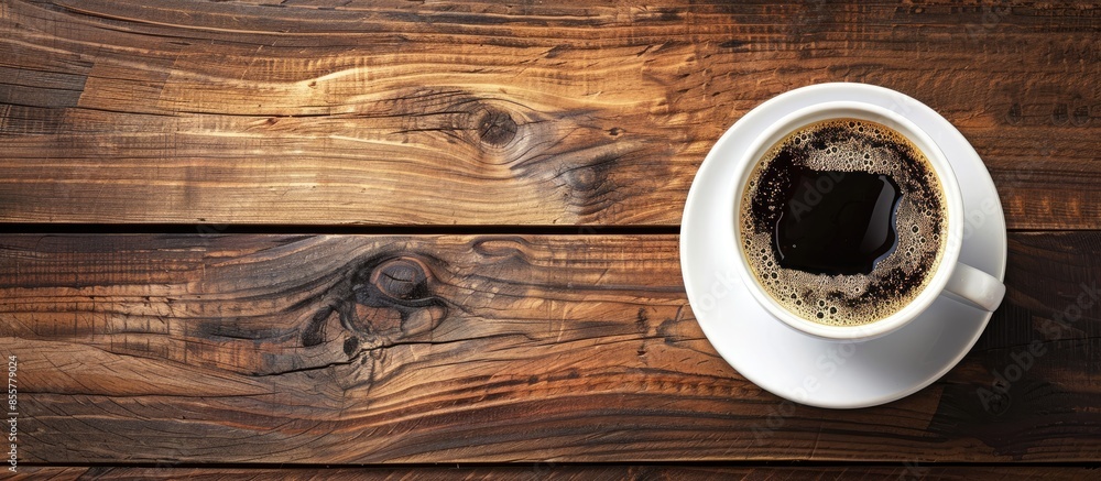 Poster Close-up of a cup of coffee on a wooden table. with copy space image. Place for adding text or design
