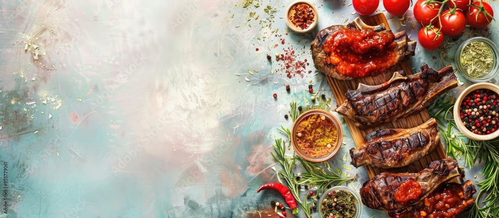 Poster grill meat on bread with spices and sauces pastel background. with copy space image. place for addin