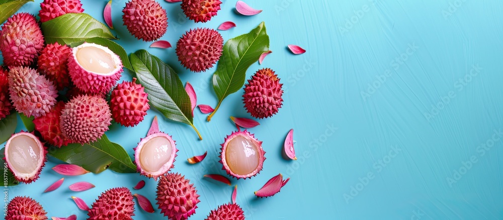 Poster lychee on the pastel background. food isolated concept. with copy space image. place for adding text